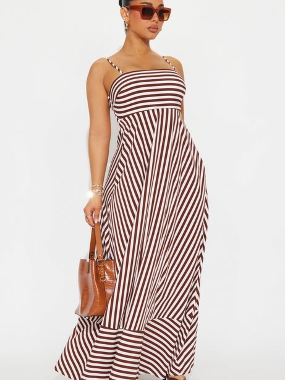 Fashion Nova Brown and White Striped Spaghetti Strap Maxi Dress